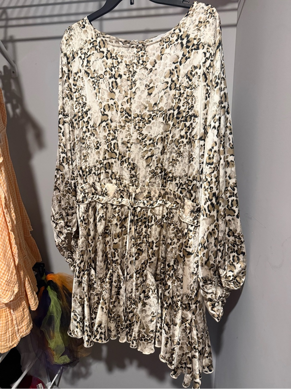 Beige Leopard Print Womens Dress with Drawstring Waist